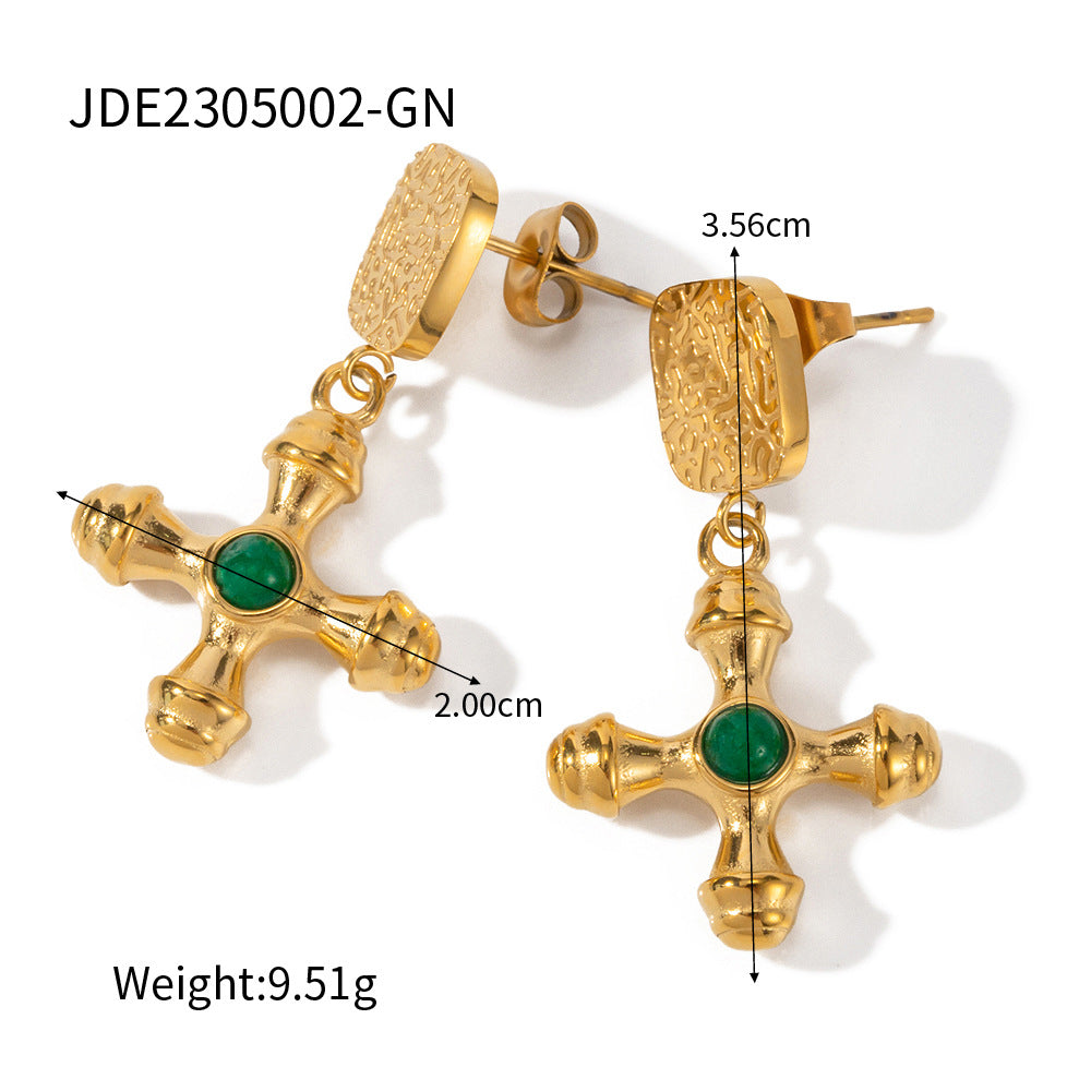 5pcs 18K Gold Stainless Steel Inlaid Tiger Eye Stone Cross Pendant Earrings Women's Fashion All-In-One Earrings
