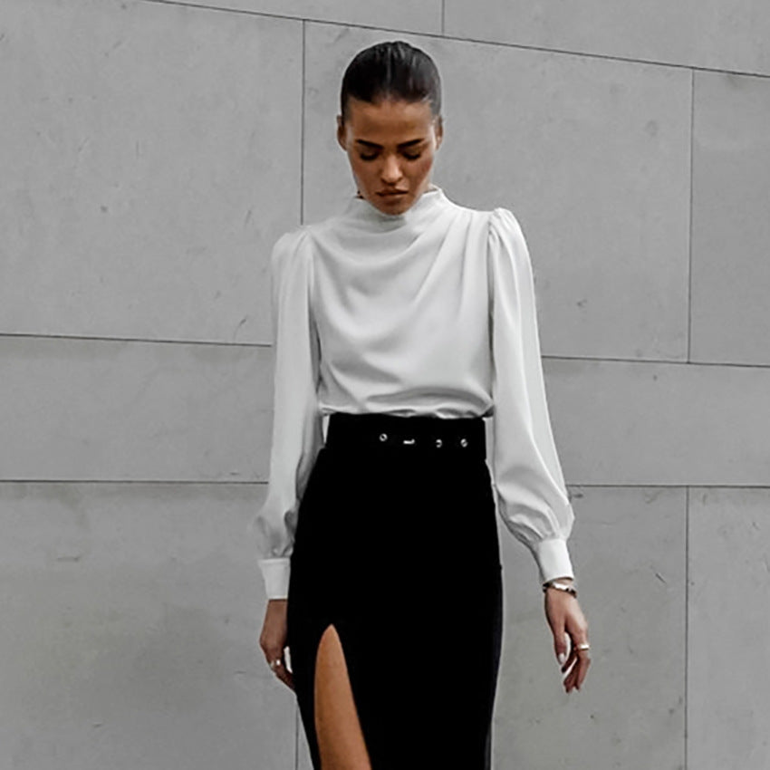 White Thin Soft Matte Color Ding High Neck Pleated Temperament Shirt New Autumn Fashion Women's Wear