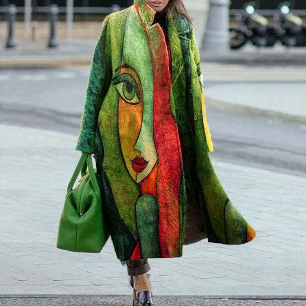 New Autumn Women's Long Sleeve Lapel Coat Printed Wool Long Coat