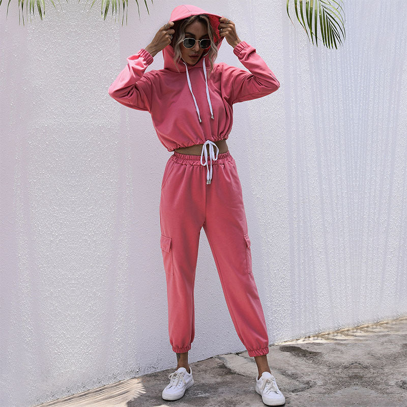 Women's Long-Sleeved Pink Crop Short Drawstring Hooded Sports Suit