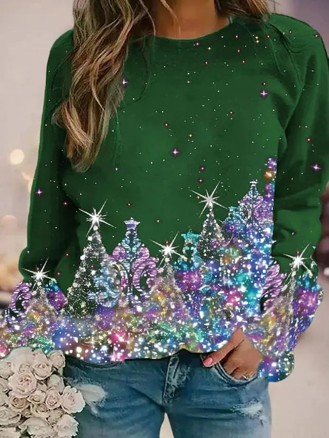 New Christmas Tree Sequin Pattern Holiday Regular Shoulder Neck Casual Sweatshirt Blouse
