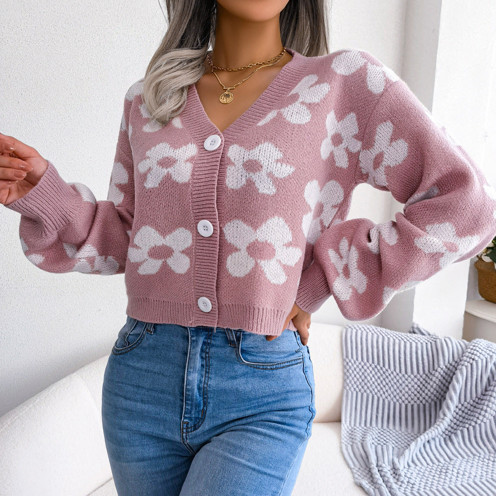 Wind Autumn And Winter Fashion Color Contrast Flowers Lantern Sleeve Cardigan Sweater Coat Women's Wear