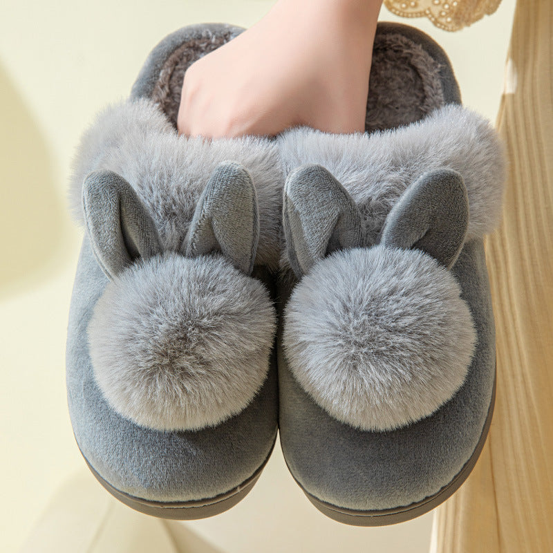 Long Ears Single Ball Male And Female Couples Winter Warm Wooden Floor Thickened Indoor Warm Slippers Cotton Slippers
