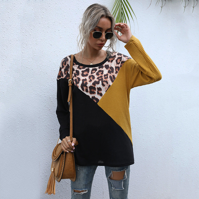 Top Women's Leopard Print Splicing Round Neck Loose Long Sleeve Long Knit Shirt