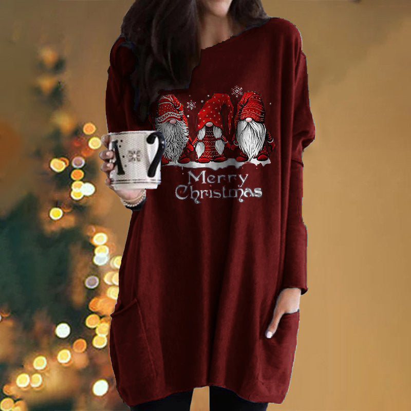 Santa Claus Printed Long Sleeve Pocket Round Neck T-Shirt Dress