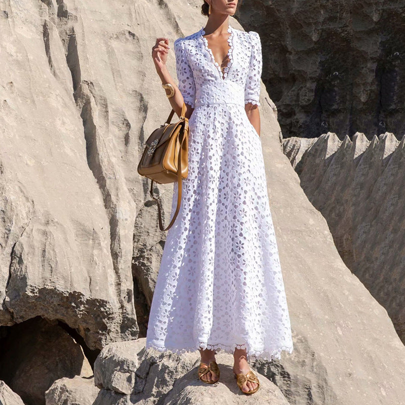 Autumn New V-Neck Waist Hook Flower Hollow Solid Color Swing Dress