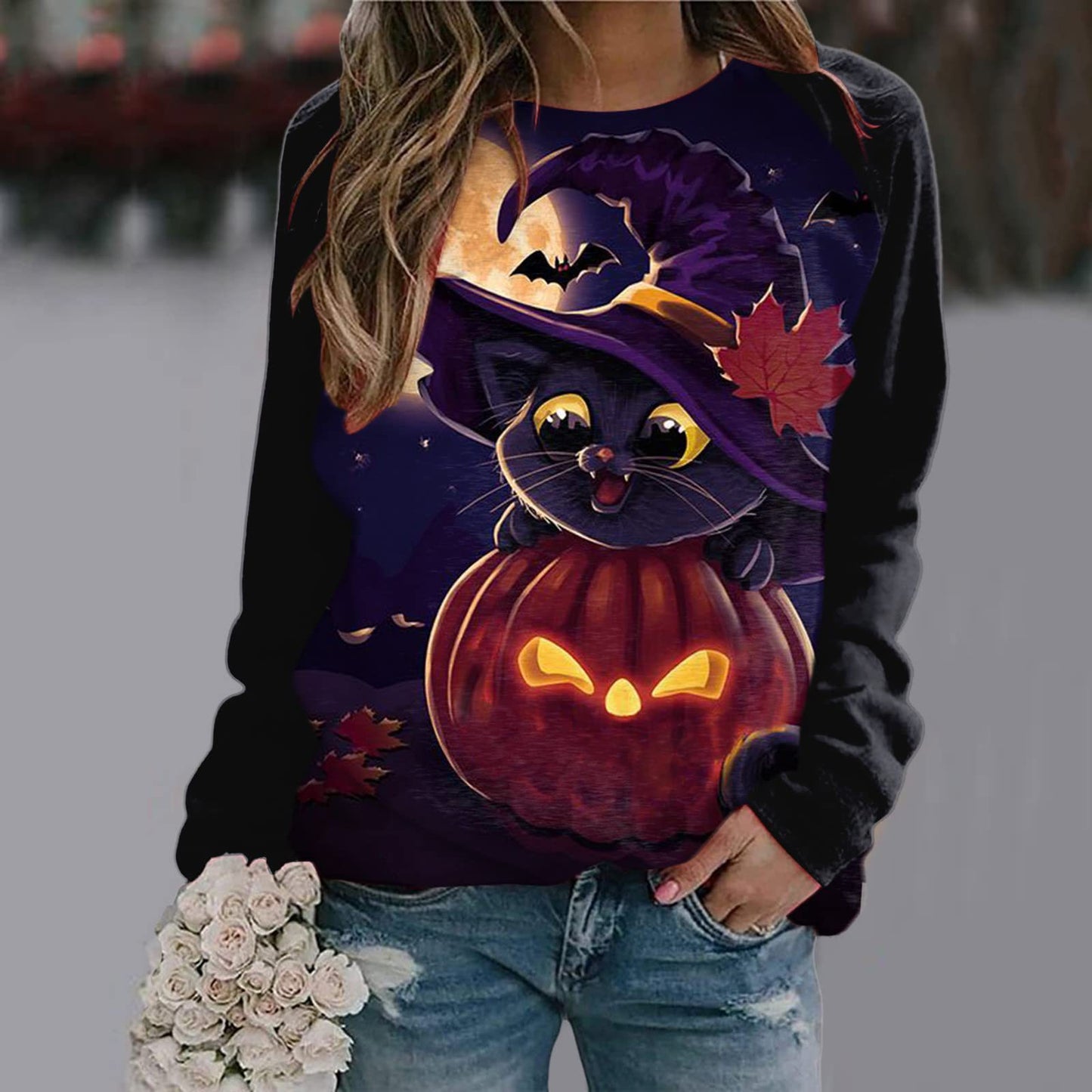 New Women's Halloween Christmas Women's Clothing 3D Three-Dimensional Printed Castle Dark Round Neck Hoodie