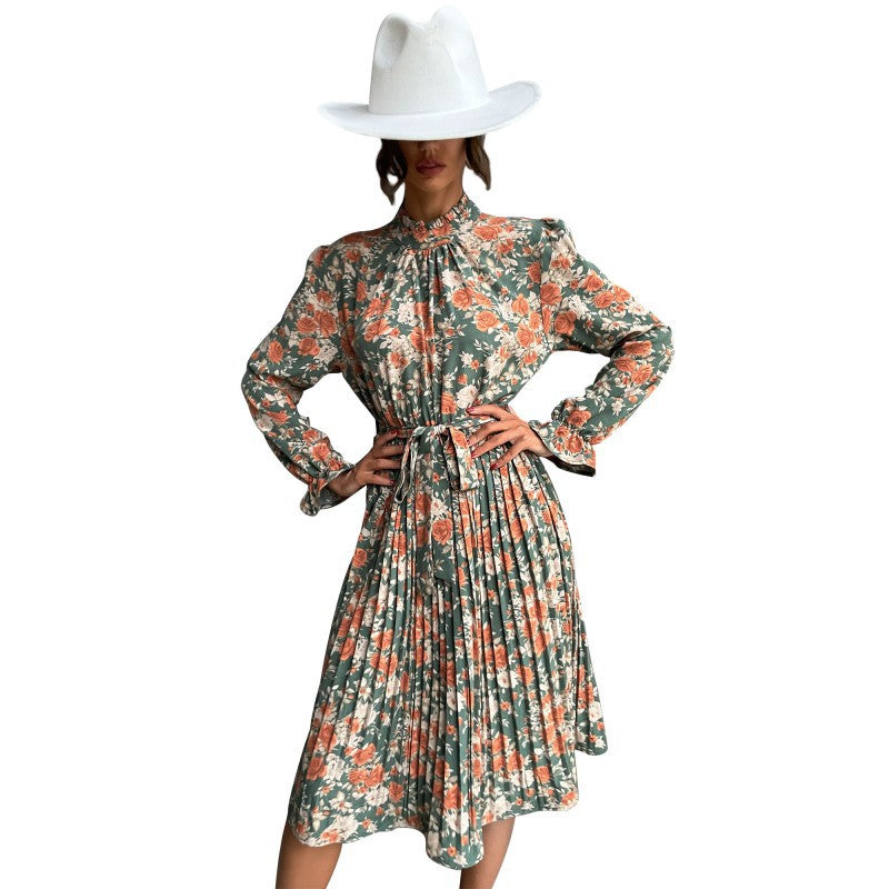 Fashion Women's Print Long-Sleeved Semi-High-Neck Dress