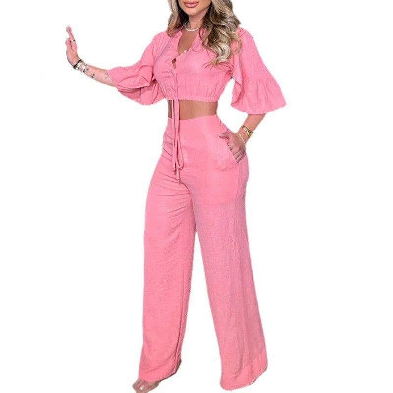 Women's Autumn New Fashion V-Neck Flared Sleeve Lace-Up Top Wide Leg Trousers Casual Suit