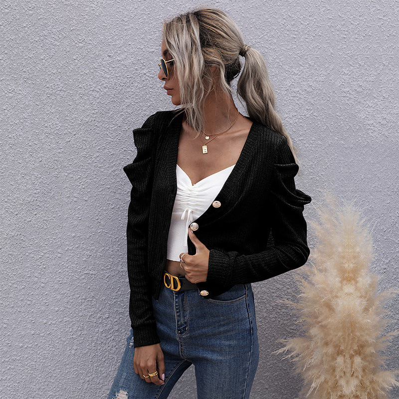 Autumn Wind Trend V-Neck Solid Color Knitted Long Sleeve Sweater Short Coat Women