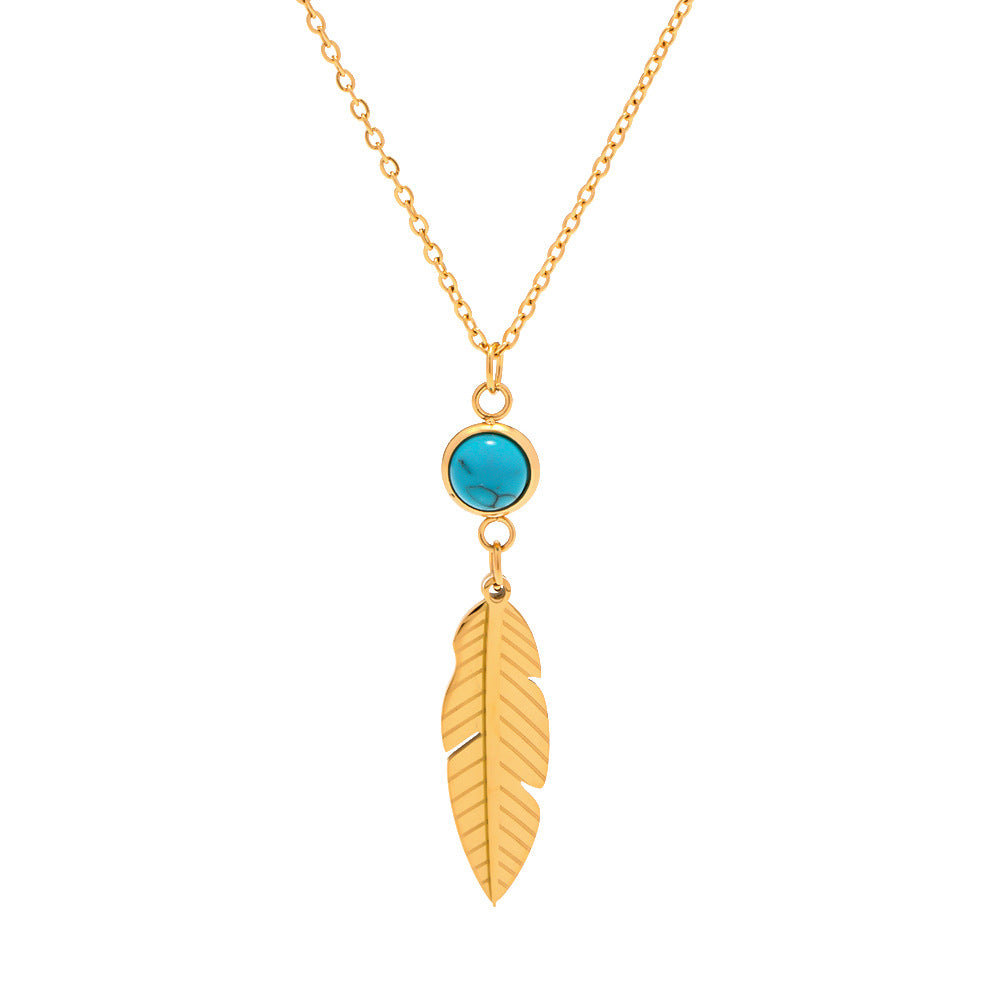 5pcs Stainless Steel Feather Inlaid Turquoise Stainless Steel Pendant Necklace Everything Accessories