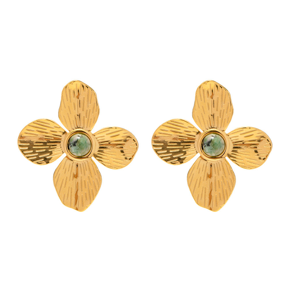 5pcs Palace 18-Karat Gold Radial Set With Natural African Turquoise Four-Petal Flower Earrings Design Sense Earrings