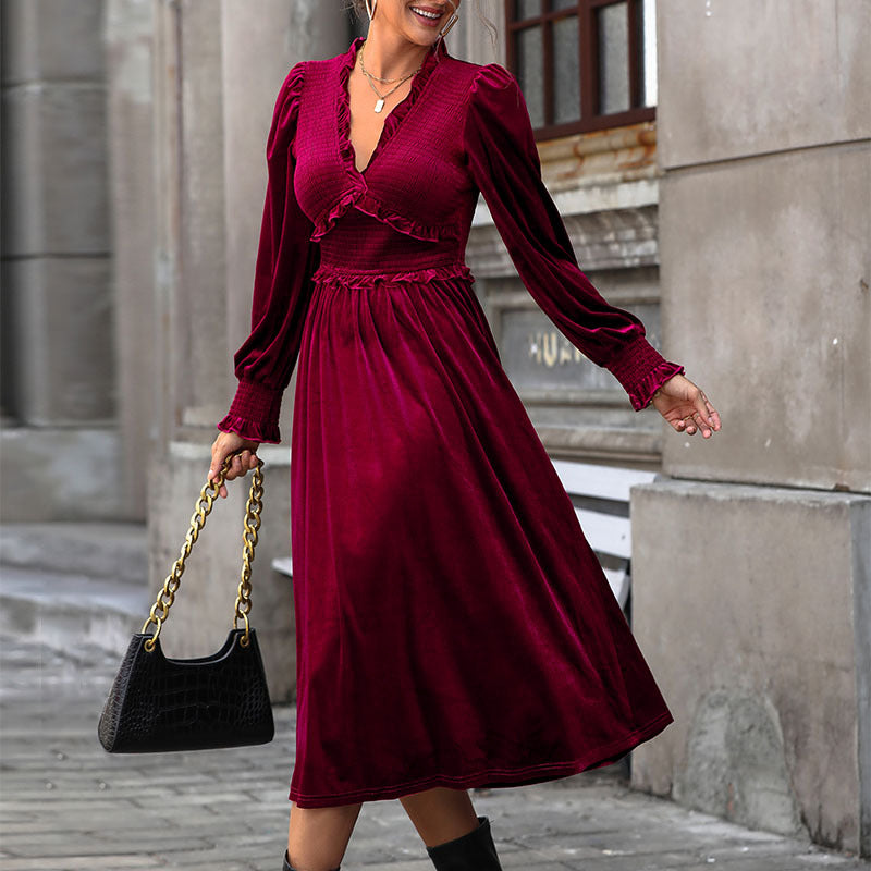 Wine Red Velvet Dress Elegant Maxi Skirt Wooden Ear Edge Play Wrap Design Skirt