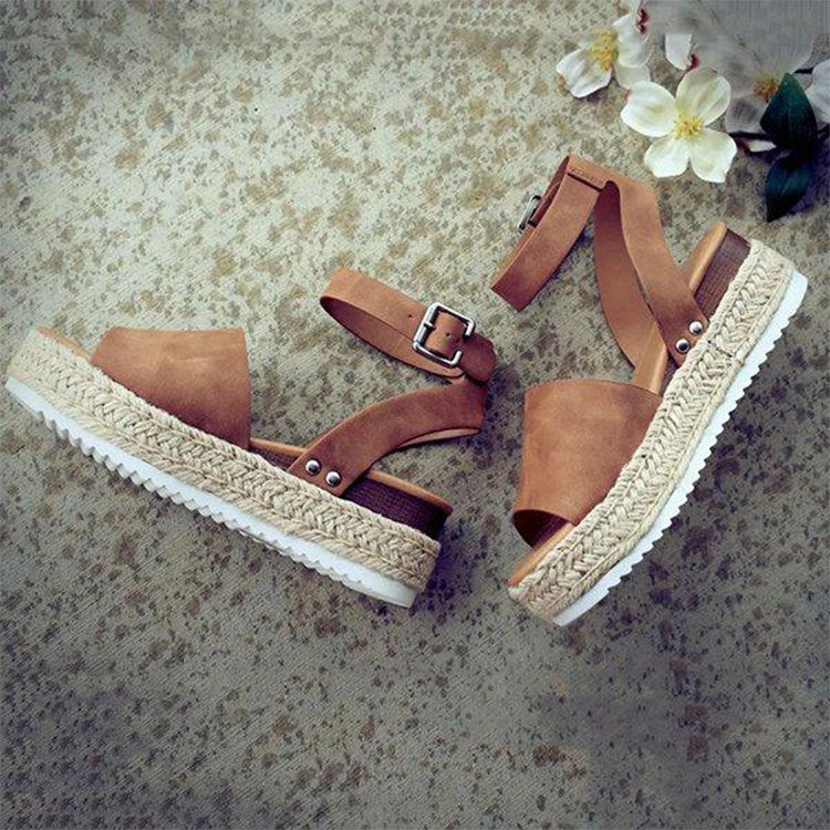 Large Size Summer Muffin Clasp Fish Mouth Sandals Side Empty Hemp Rope Braided Thick Sole Wedge Slippers