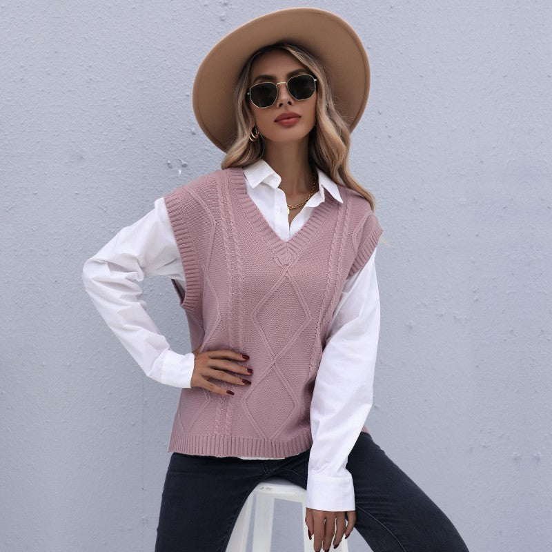 Early Autumn Fashion Women's Sleeveless Twist Solid Color Knitted Waistcoat Woman Sweater