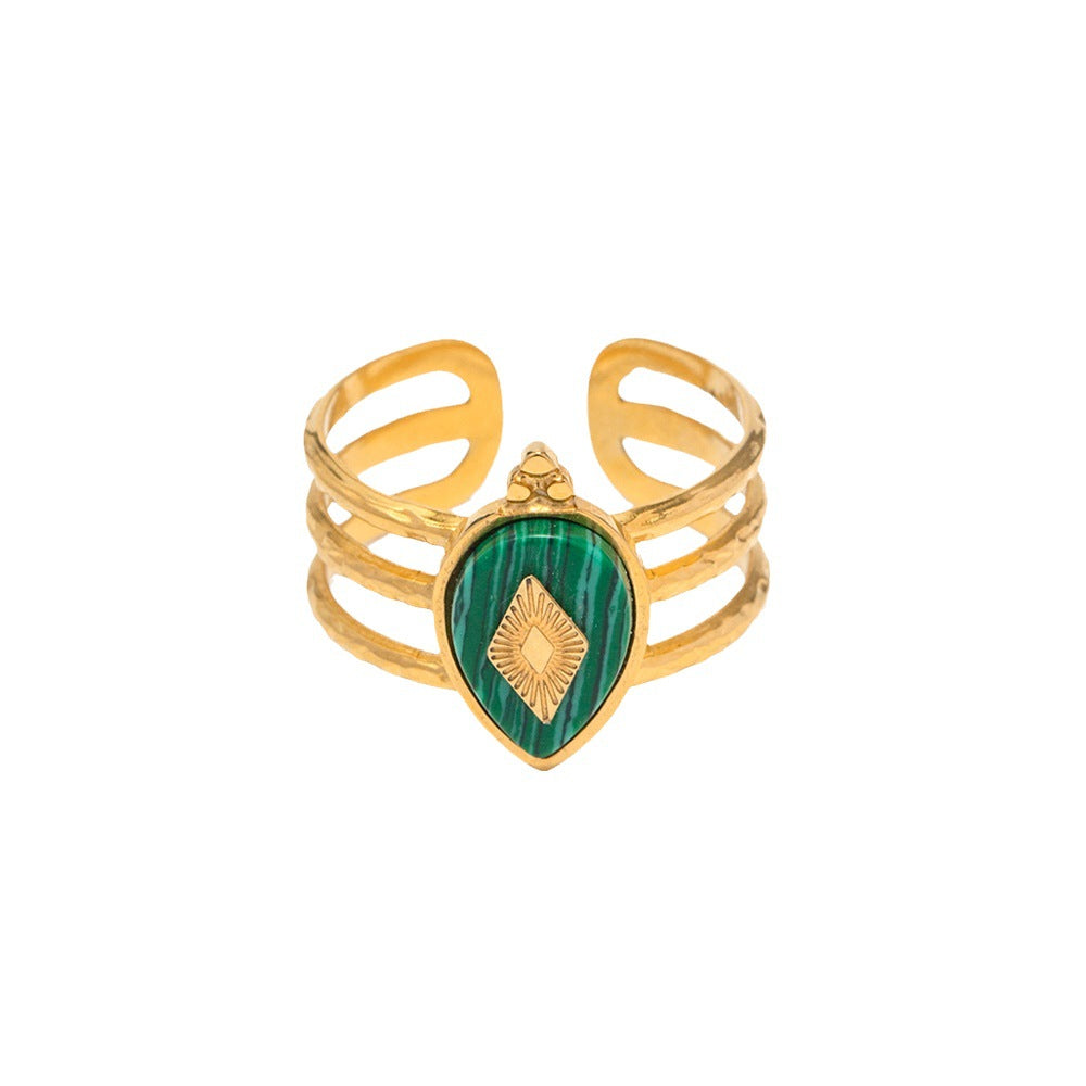 5pcs 18K Gold Plated Stainless Steel Design Natural Malachite Ring Women Do Not Fade Jewelry