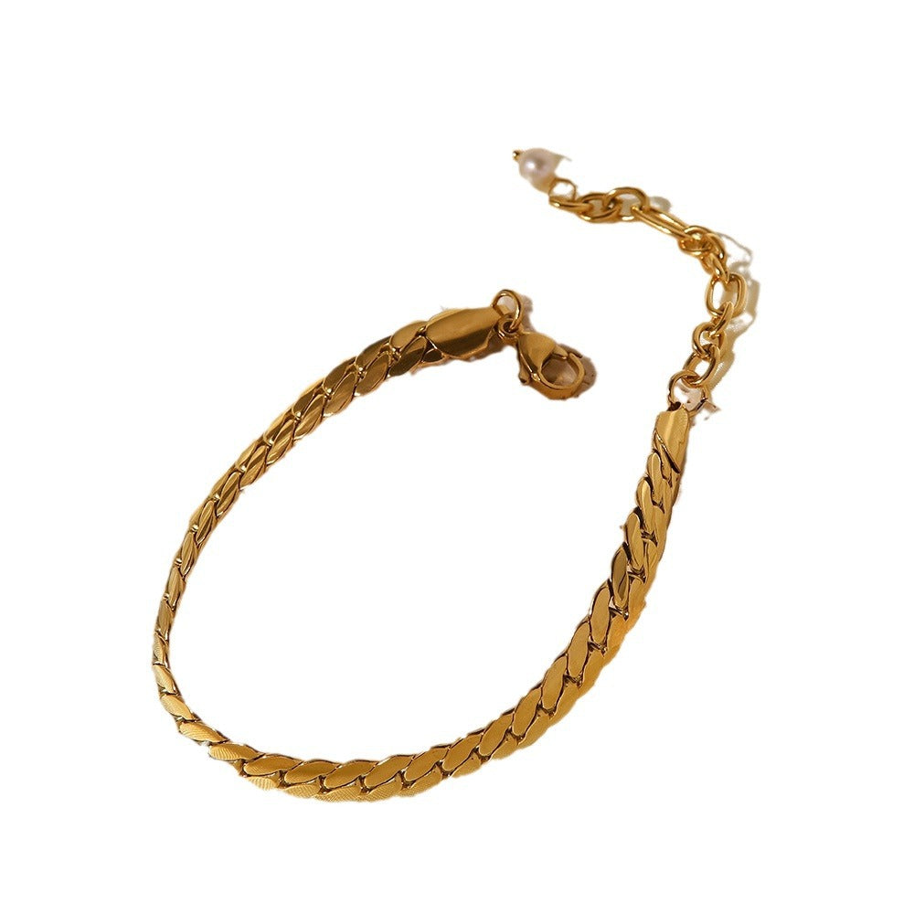 5pcs Simple Pearl Charm Bracelet Women's Jewelry 18K Gold Stainless Steel With Flat Punk Thick Border Cuban Chain Bracelet