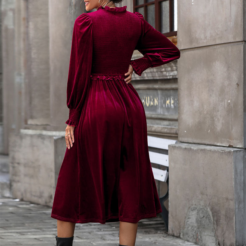 Wine Red Velvet Dress Elegant Maxi Skirt Wooden Ear Edge Play Wrap Design Skirt