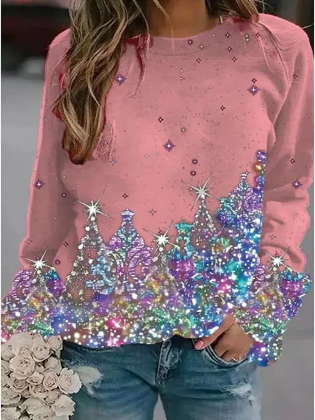 New Christmas Tree Sequin Pattern Holiday Regular Shoulder Neck Casual Sweatshirt Blouse