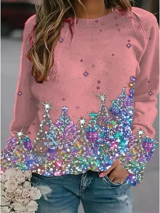 New Christmas Tree Sequin Pattern Holiday Regular Shoulder Neck Casual Sweatshirt Blouse