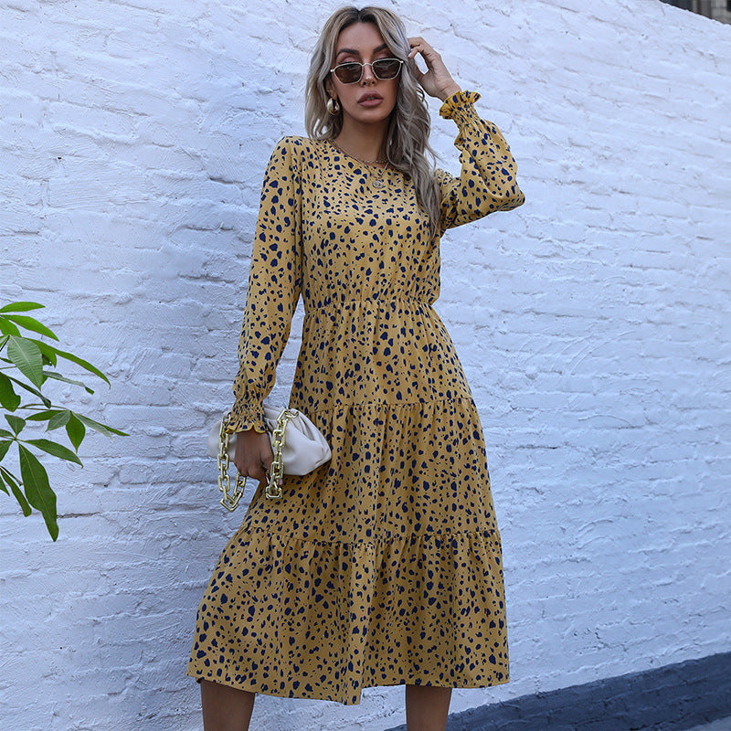 Retro Women's Autumn And Winter Slim Leopard Print Long-Sleeved Dress In The Long Style
