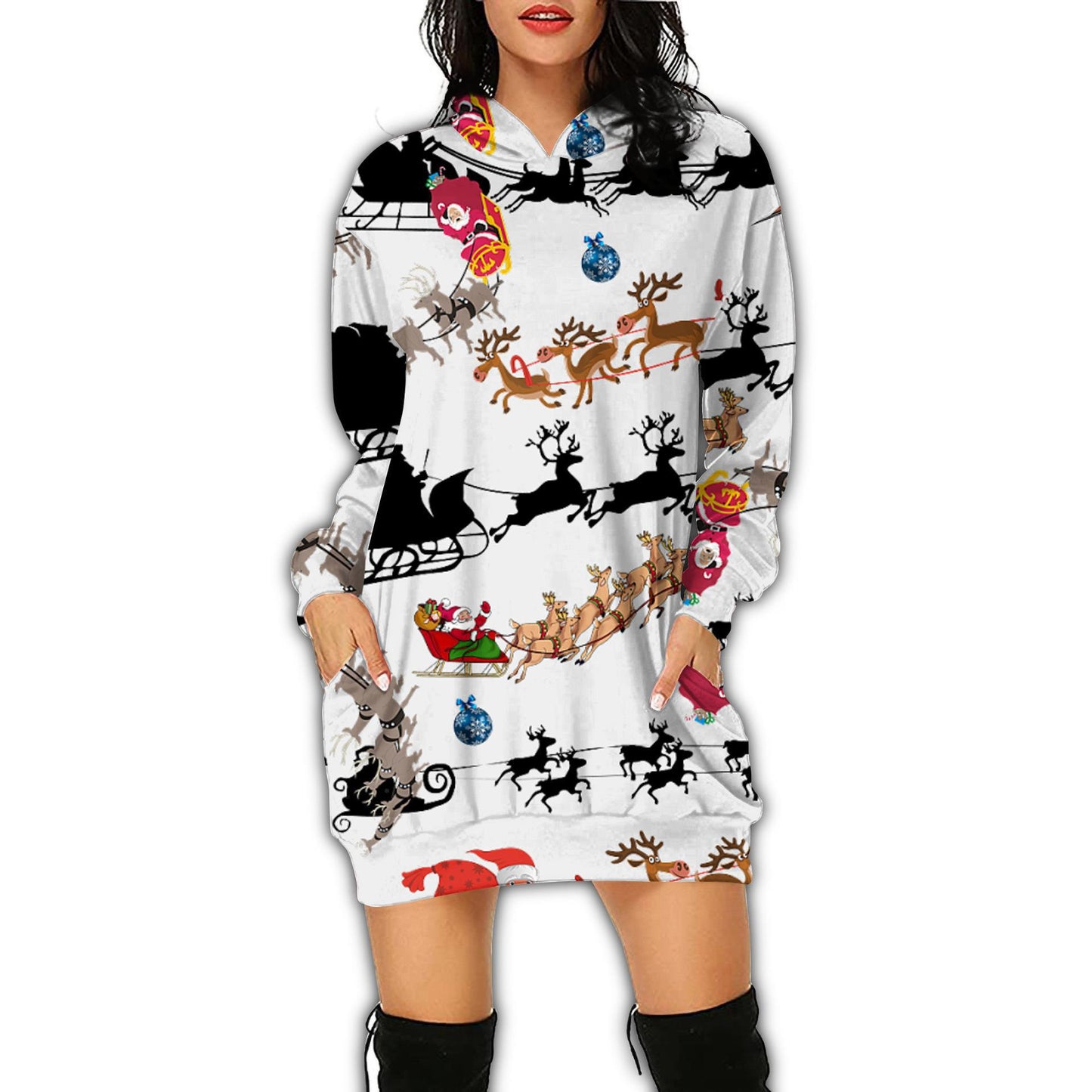 Autumn Women's Print Casual Long-Sleeved Hoodie Dress Christmas Holiday Party Dress