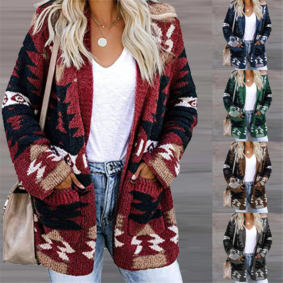 Autumn Winter Women's Loose Halloween Sweater Christmas Printed Knitted Long-Sleeved Cardigan