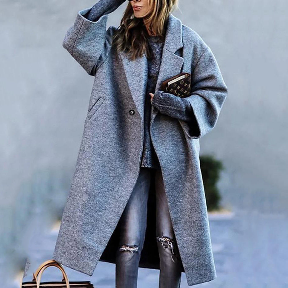 New Autumn Women's Long Sleeve Lapel Coat Printed Wool Long Coat