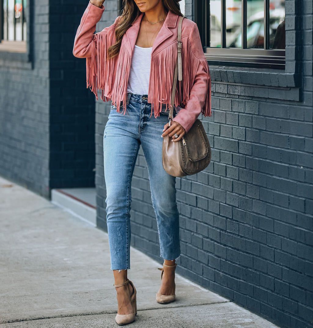 Women's Autumn New Slim-Fit Top Long-Sleeve Printed Fringe Coat Female