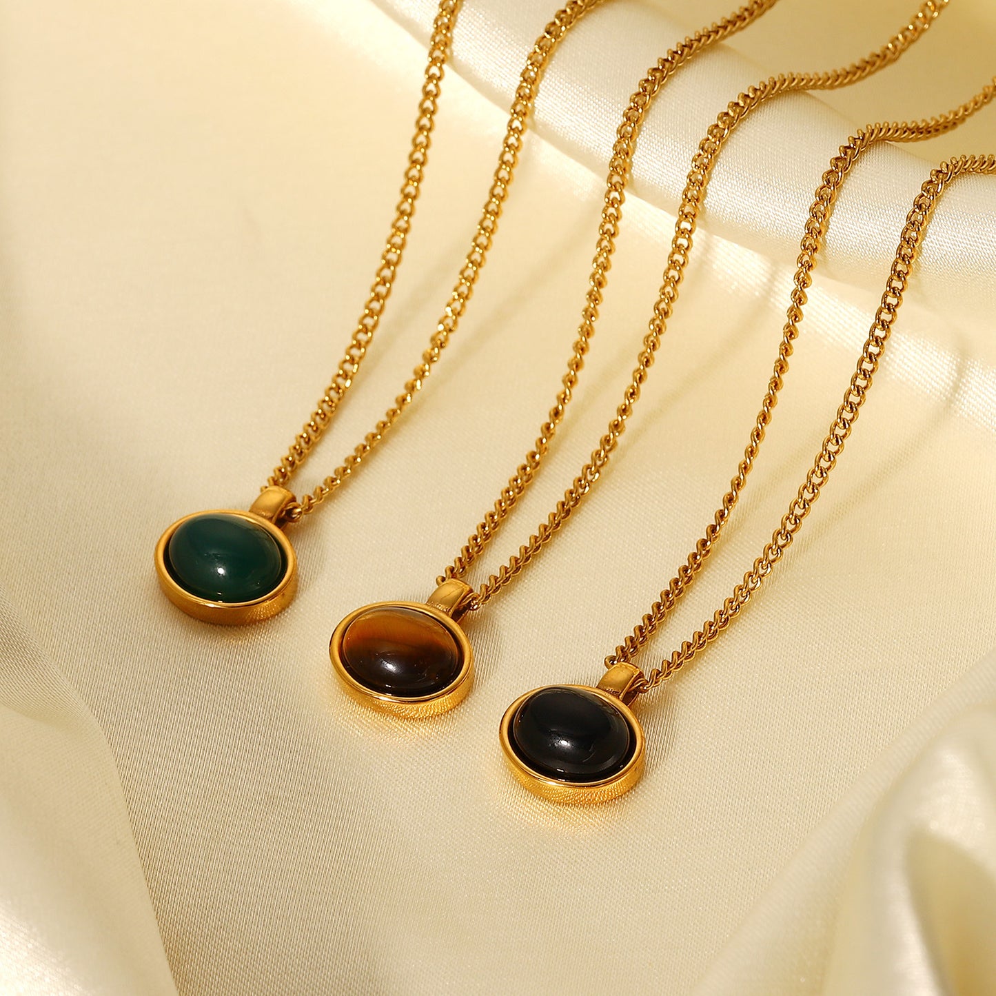 5pcs Style Retro Oval Natural Stone Pendant Necklace 18K Gold Plated Stainless Steel Chain Collar