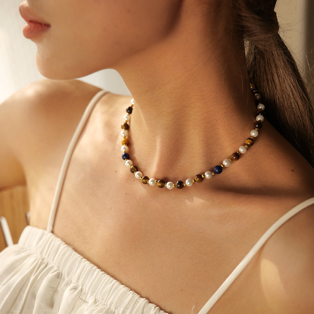 5pcs Titanium Steel Necklace 18K Gold Stainless Steel Inlaid Pearl Lapis Gold Stone Tiger Eye Stone Bead Necklace Jewelry