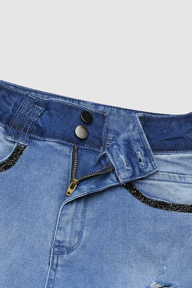 Ripped Button Front Roll Up Hem High Waist Skinny Jeans