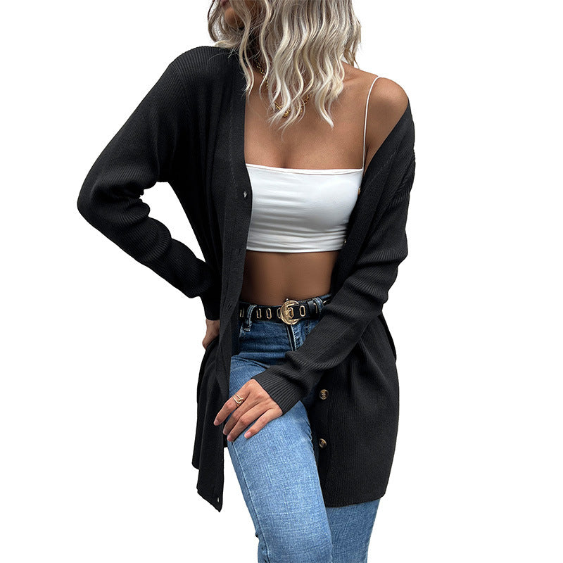 New Autumn And Winter Casual Fashion Coat Long-Sleeved Black Sweater Cardigan