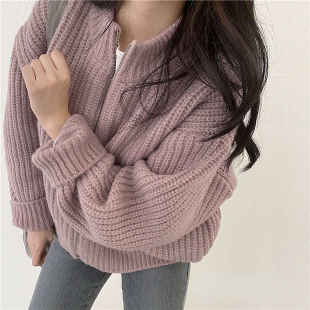 South Korea Autumn And Winter New Retro Lazy Loose Zipper Twist Sweater Coat Female Thick Line Knitted Cardigan