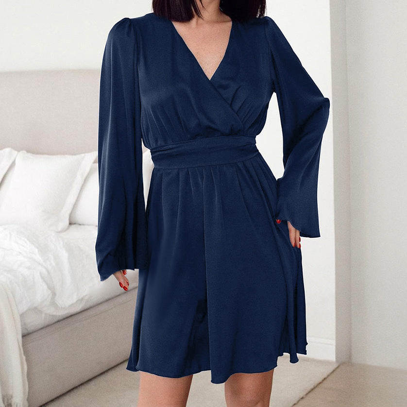 Navy Blue V-Neck Flared Sleeves Commuter Lace-Up Dress New Spring Fashion Short Skirt Women