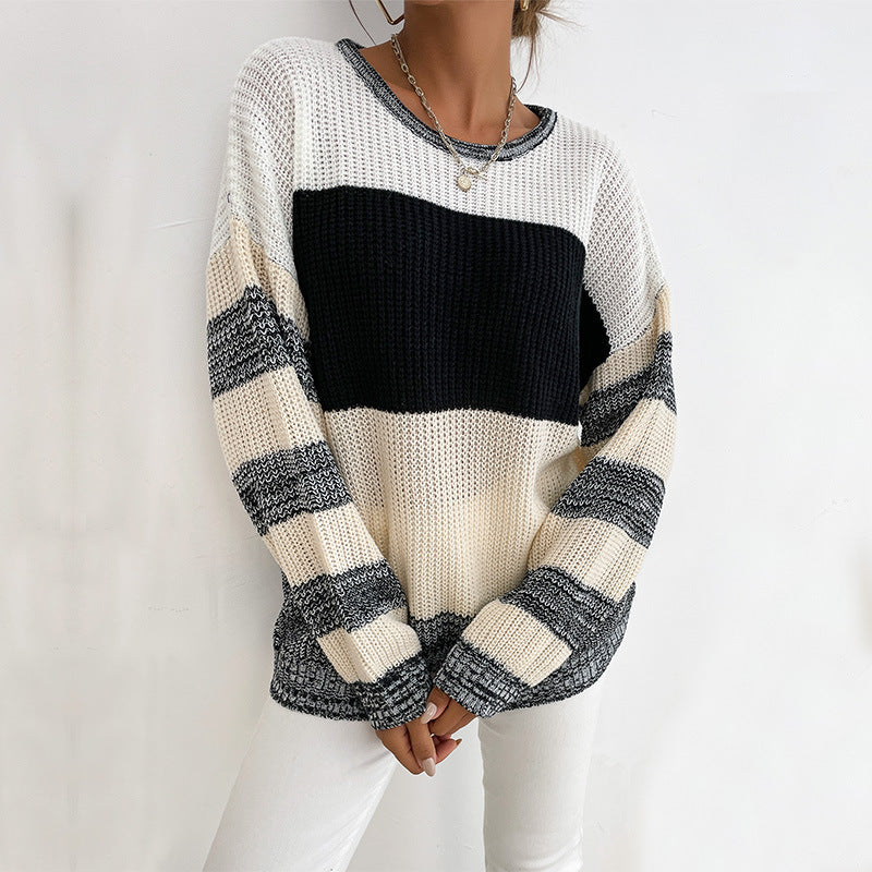 Autumn New Women's Thin Pullover Round Neck Black And White Color Sweater