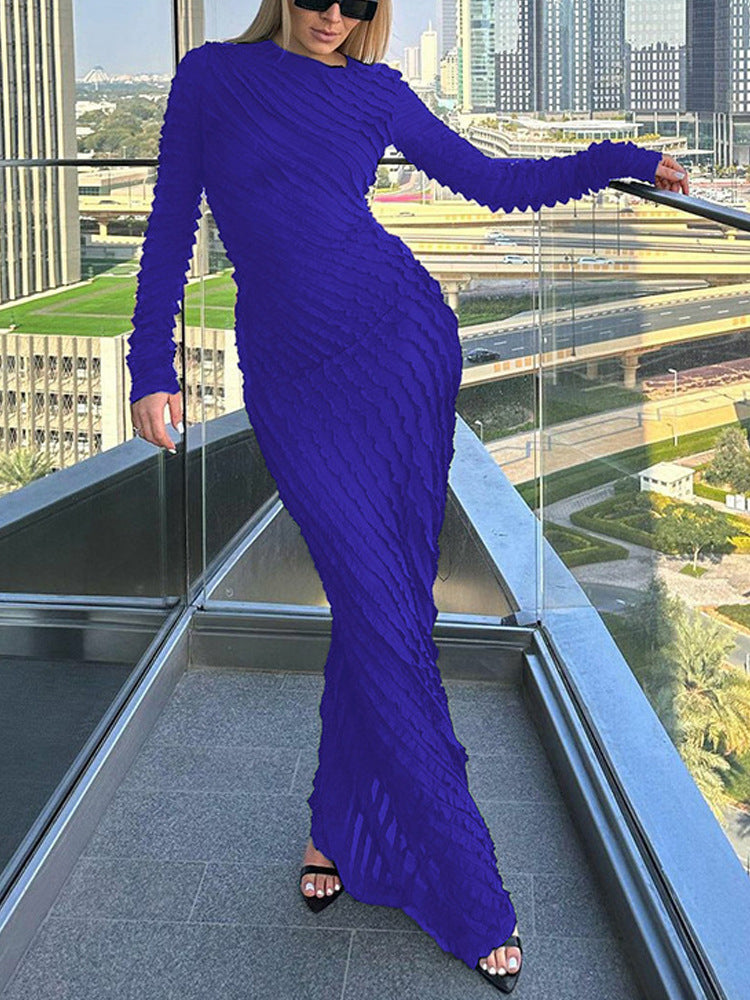 Solid Color Simple Temperament Long Dress Slim Round Neck Long Sleeve Dress Waist Slimming Bag Hip Large Size Elastic Base Skirt