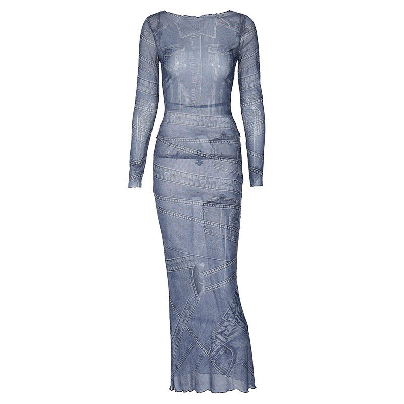 Artsy Vintage Wind Long Tight Skirt Blue Dye Tie Dye Vintage Dress Women's Long Skirt High Fanny Pack Hip Large Size Skirt