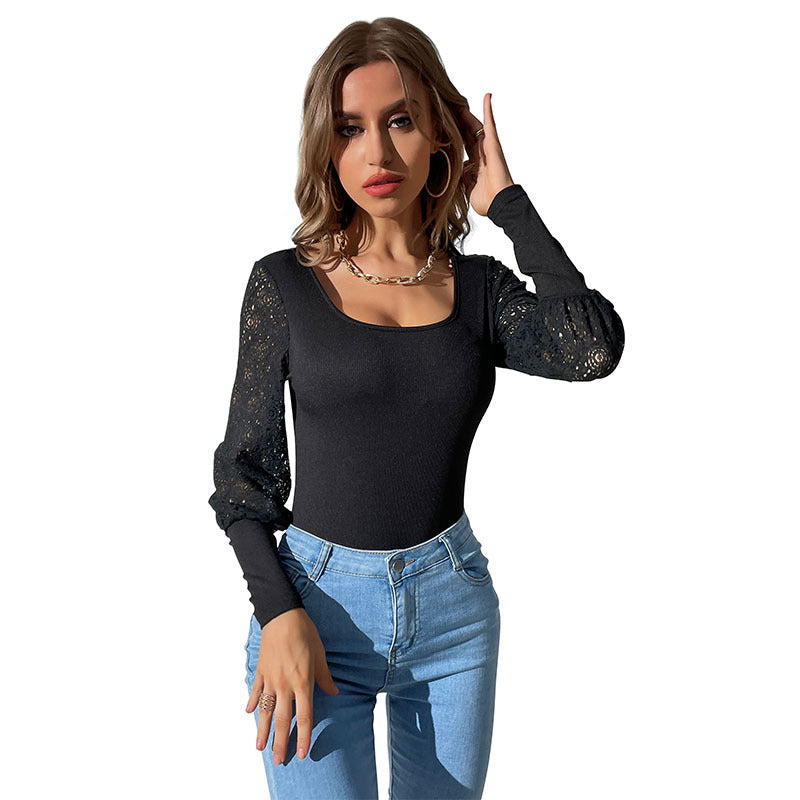 Fashion Women's Spring New Black Long-Sleeved Bodysuit