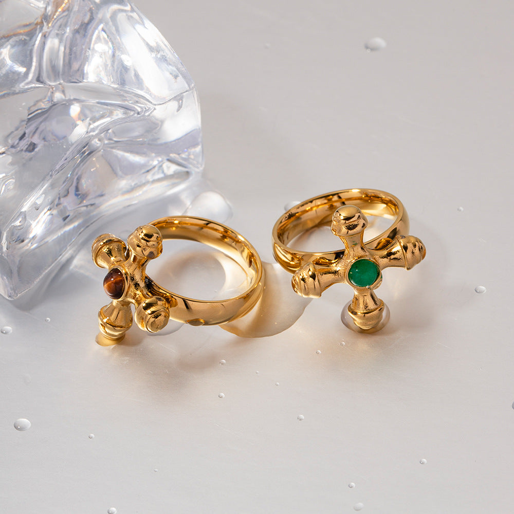 5pcs Niche Style Gold-Plated Titanium Steel Ring Female Stainless Steel Inlaid Stone Cross Fine Ring