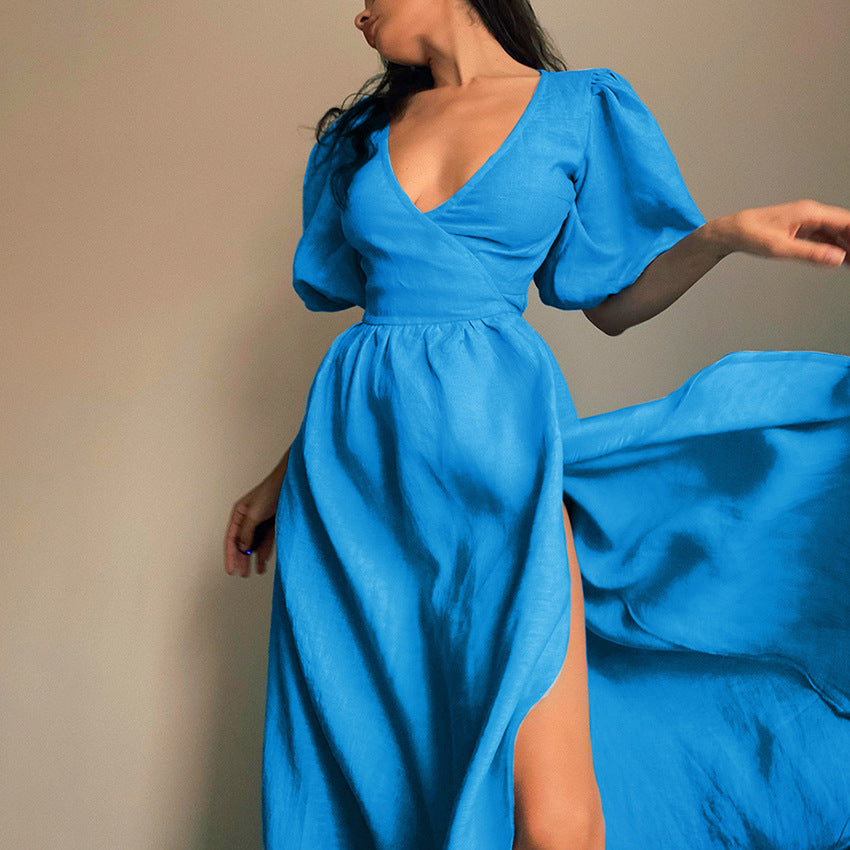 Summer New Cotton Commuter V-Neck Slit High Waist Waist Design Sense A-Line Skirt Dress Women
