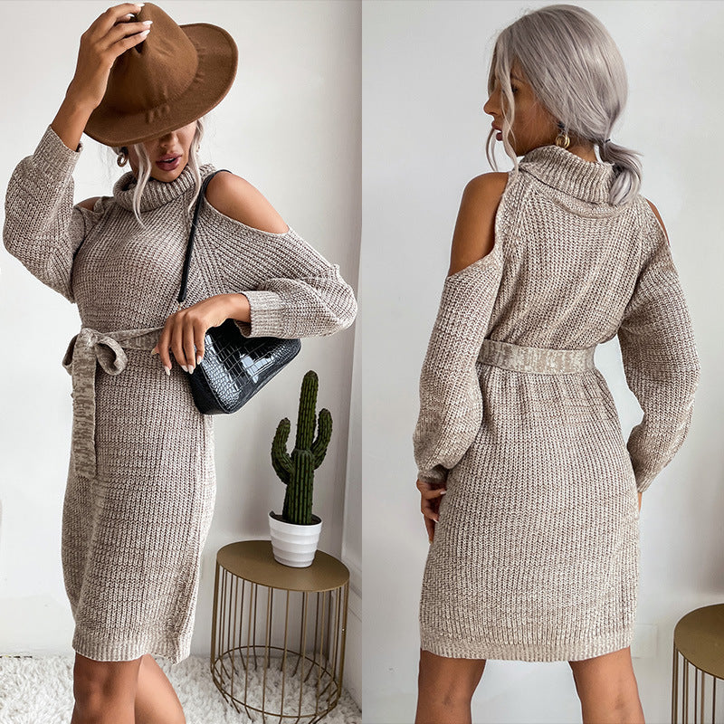 Autumn New Women's Solid Color With Lace Knit Hollow Shoulder High Neck Sweater Dress