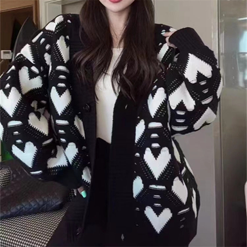 Wind Sweater Female Autumn And Winter New Loose And Lazy Wind Love Version Of Combination Color Hollow-Out Sweater Female Blouse