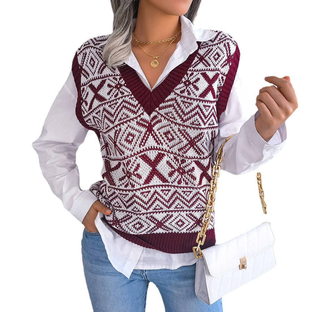 Autumn And Winter Christmas Snow Pattern V-Neck Knitted Vest Sweater Women's Wear