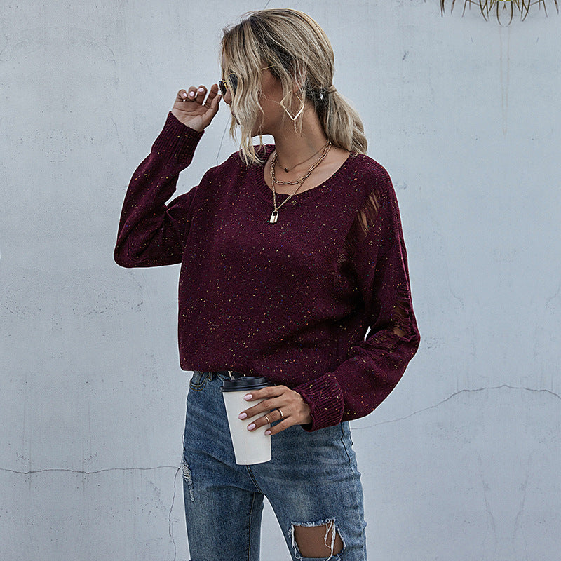 Stylish Solid Color Long-Sleeved Holes Sweater for Women