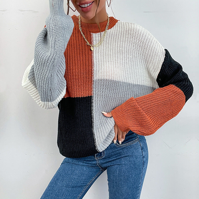 Fashion Women's Autumn Long-Sleeved Color Matching Half-Turtleneck Sweater Loose