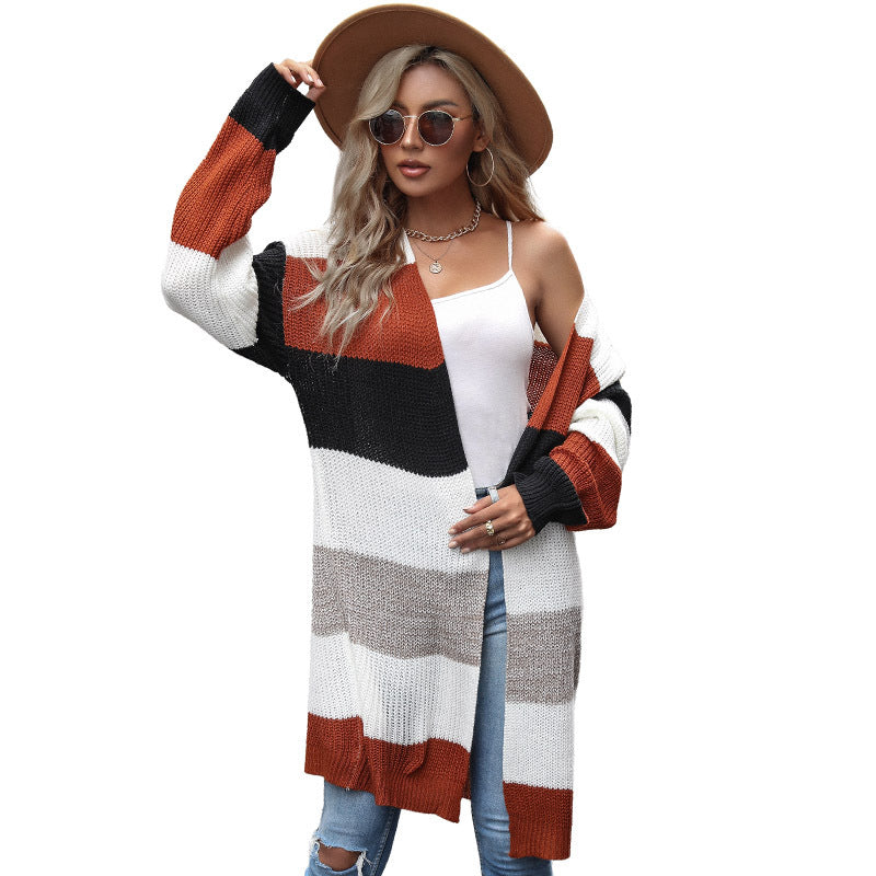 Buttonless Long Patchwork Sweater Cardigan for Stylish Autumn and Winter Layering