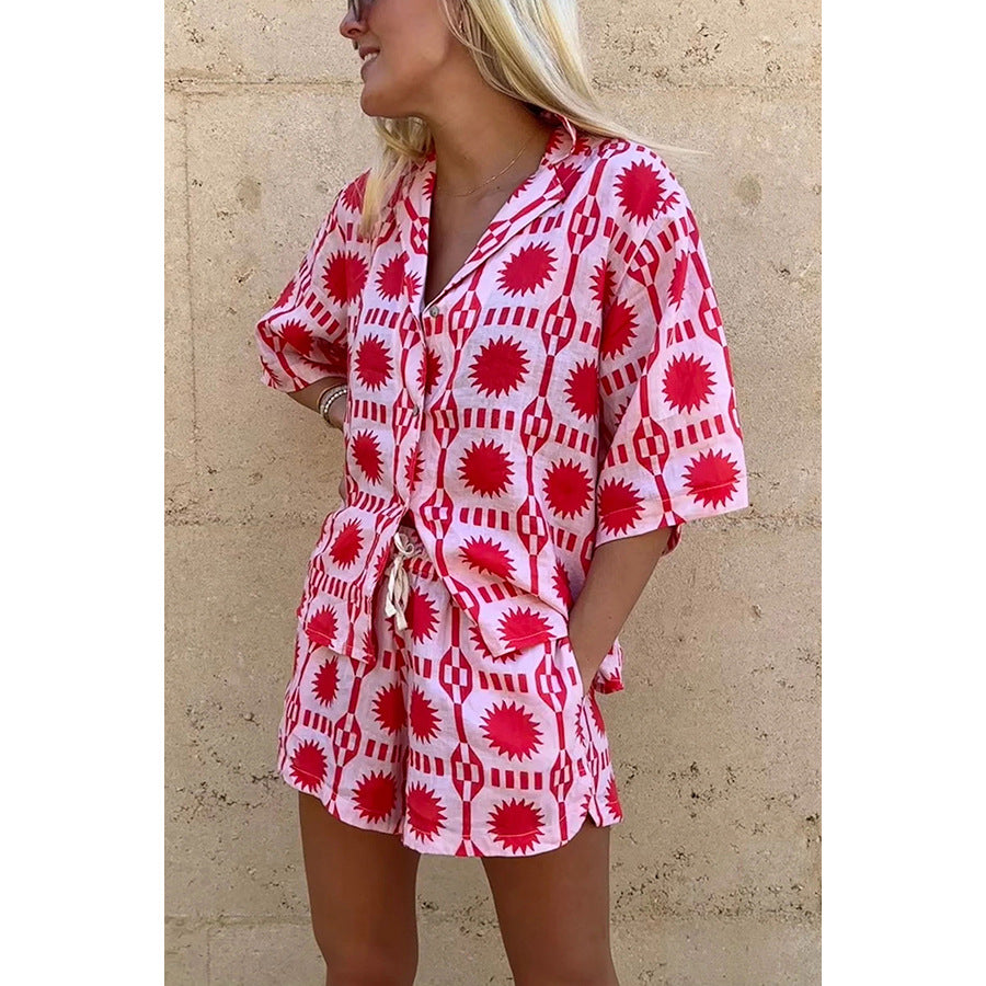 Spring And Summer New Lapel Short-Sleeved Pocket Set Leisure Loose Vacation Two-Piece Women