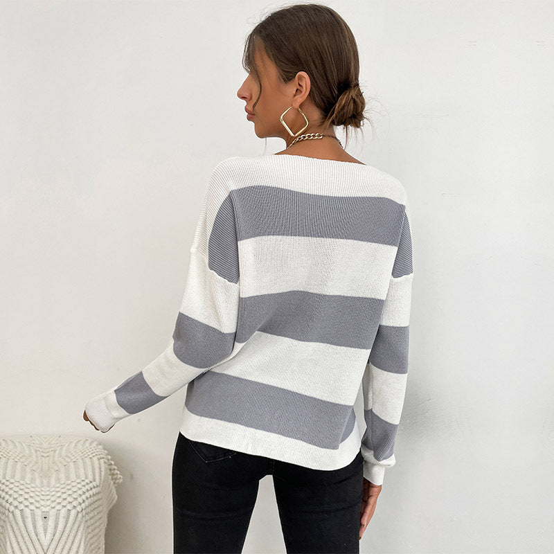 Fashion Women's Autumn Casual Long Sleeve V-Neck Striped Sweater Base