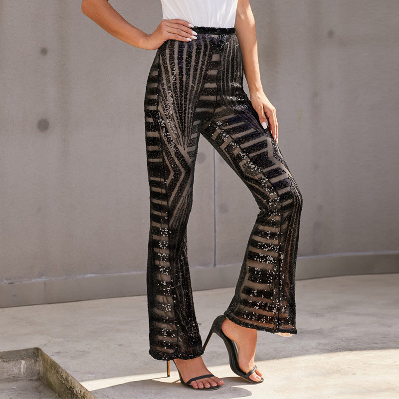 Summer New Fashion Trend Sequin Casual Pants Women High Waist Loose Straight Leg Trousers Women